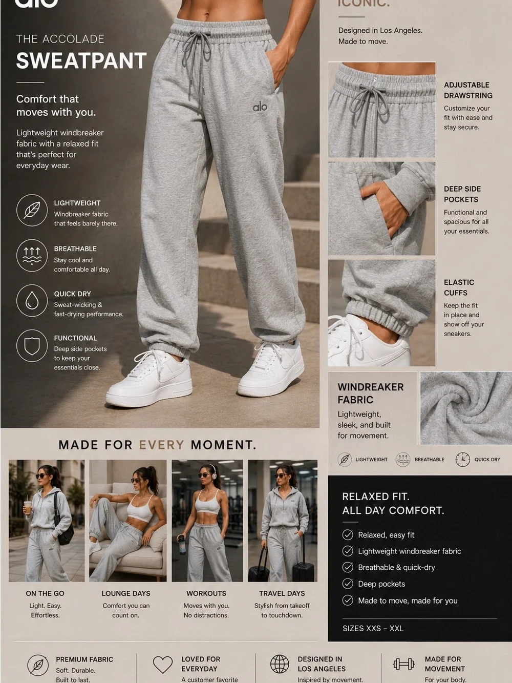 ALO PANTS Yoga Light Gray The Accolade Sweatpant